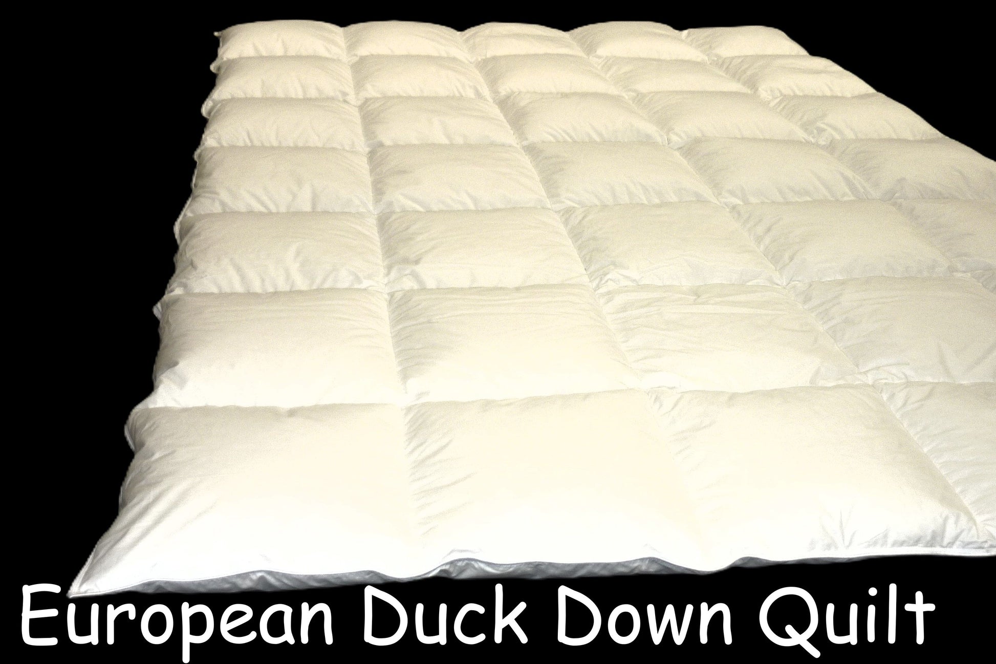 White European Duck Down quilt on a black background with text overlay.